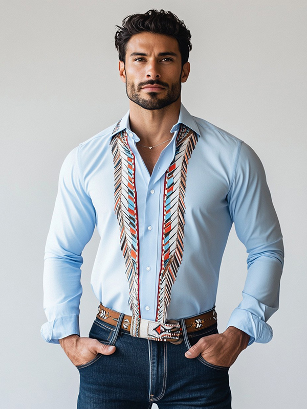 Baby Blue Native American Long Sleeve Ribbon Shirt