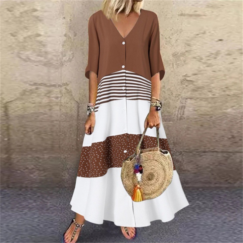 Plus Size V-neck Half Sleeves Printed Button Boho Maxi Dress