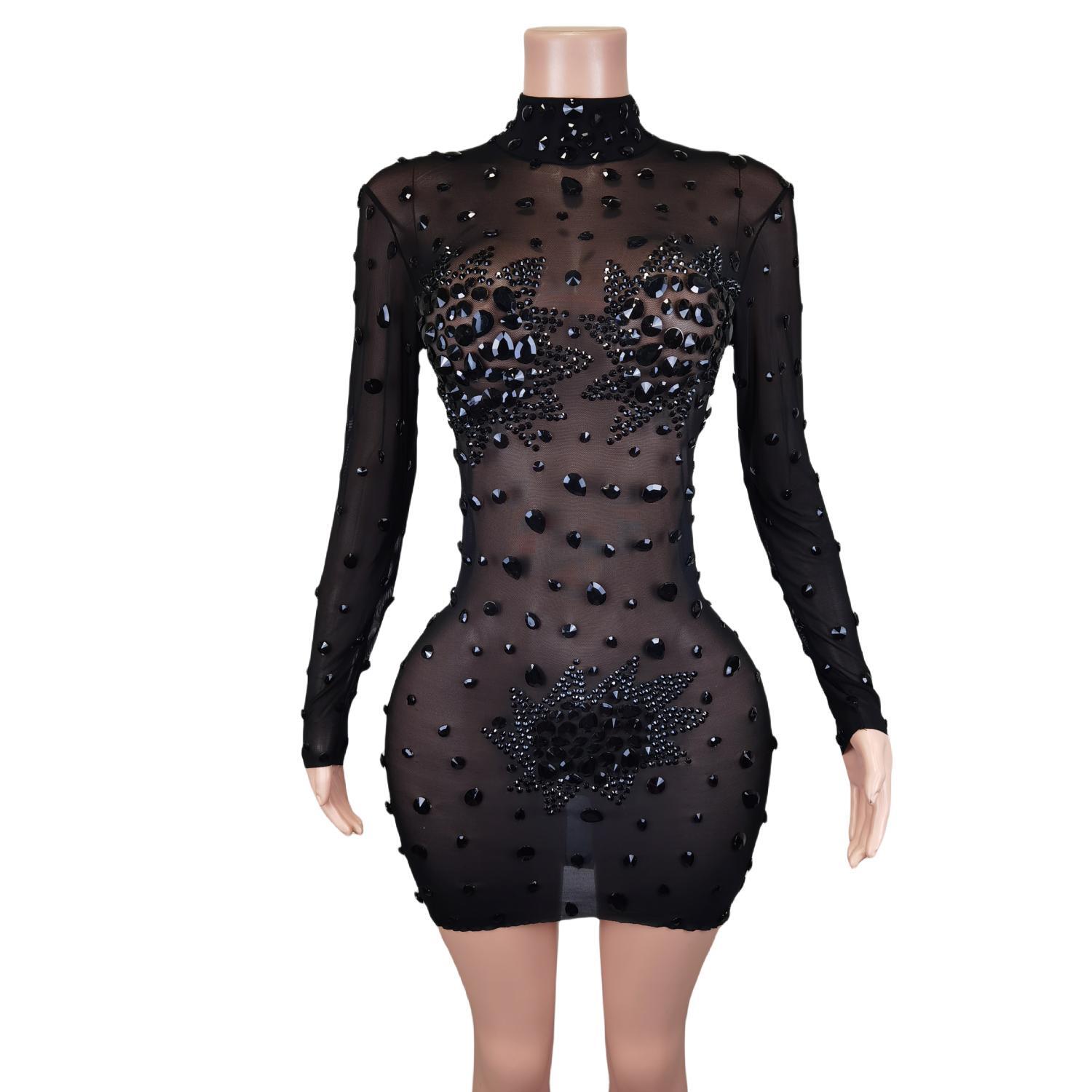 GOOSHOE Rhinestones Short Dress See Through Party Celebrate Dress Photography Guibin