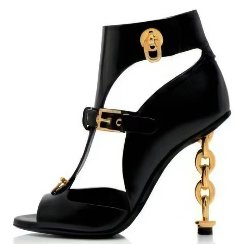 GOOSHOE Metal Chain Heels Women Peep Toe Sandals Gold Slim High-heeled Short Ankle Boots Stiletto Cut Out Shoes