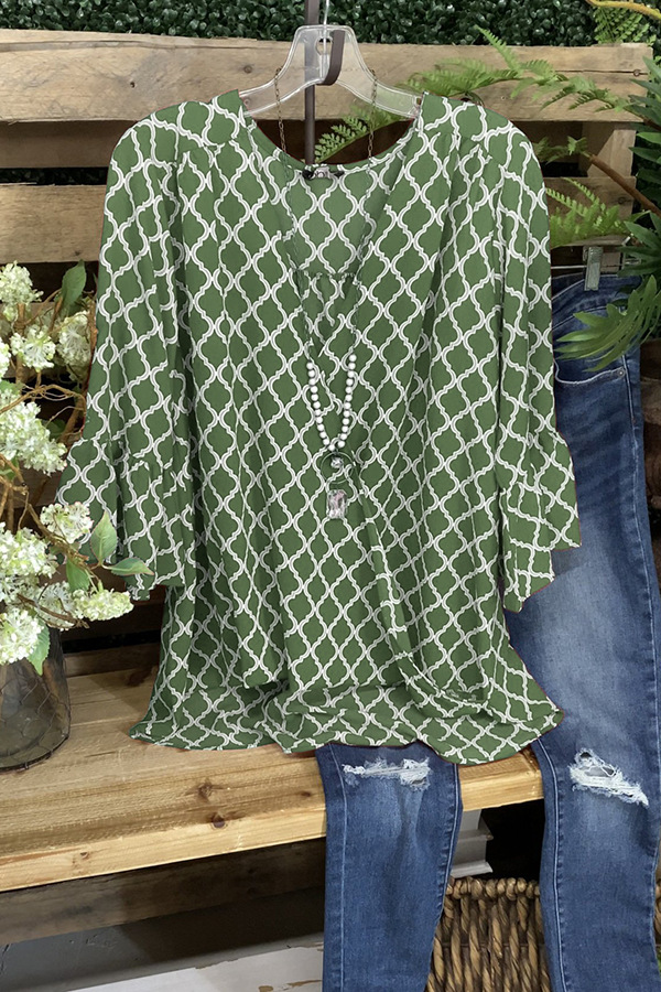 Printed V-neck Loose Tunic Top T-shirt