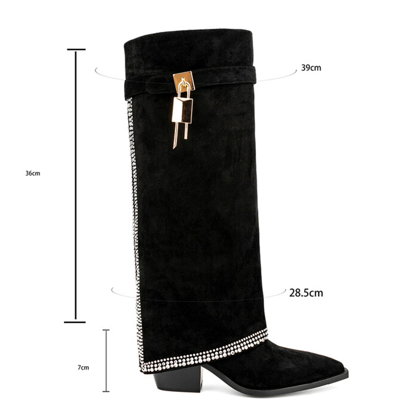 GOOSHOE Shark Lock Soft Flock Long Booties Overlay Women's Bling Diamonds Knee High Boots Low Square Heels Wide Fit