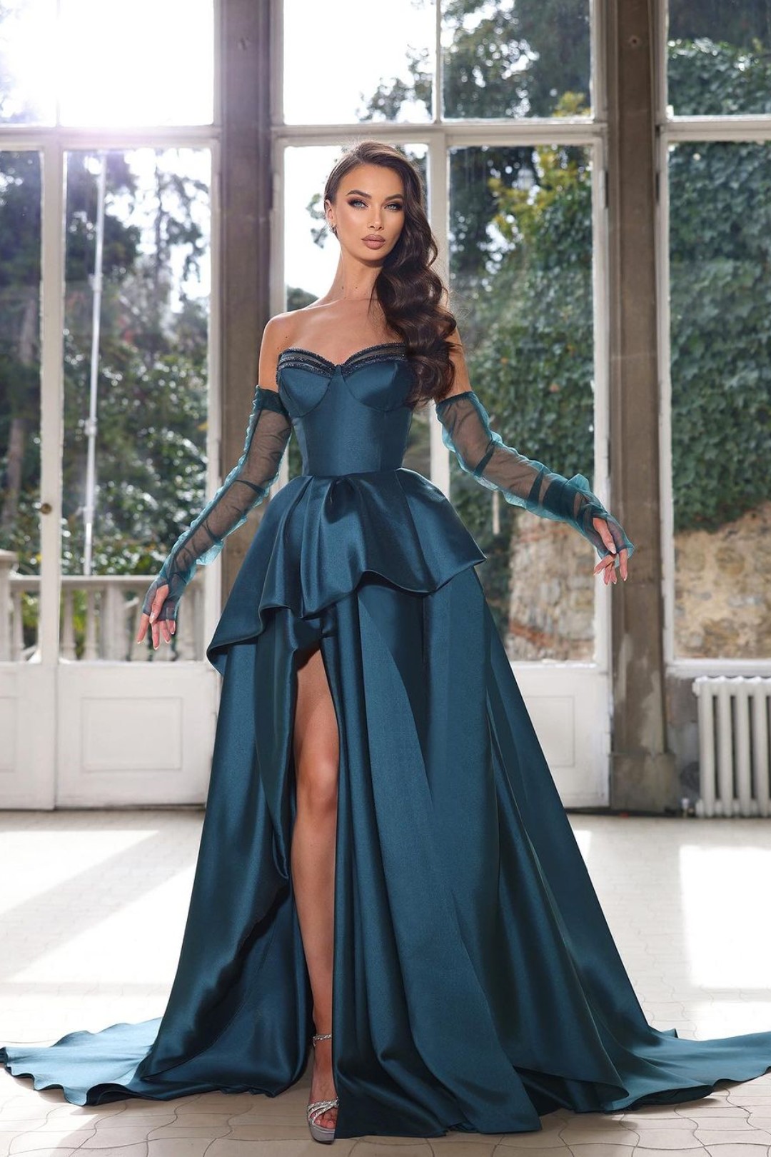 Glamorous Half Sleeves Ink Blue Prom Dress Strapless With High Slit Gown  YL0287