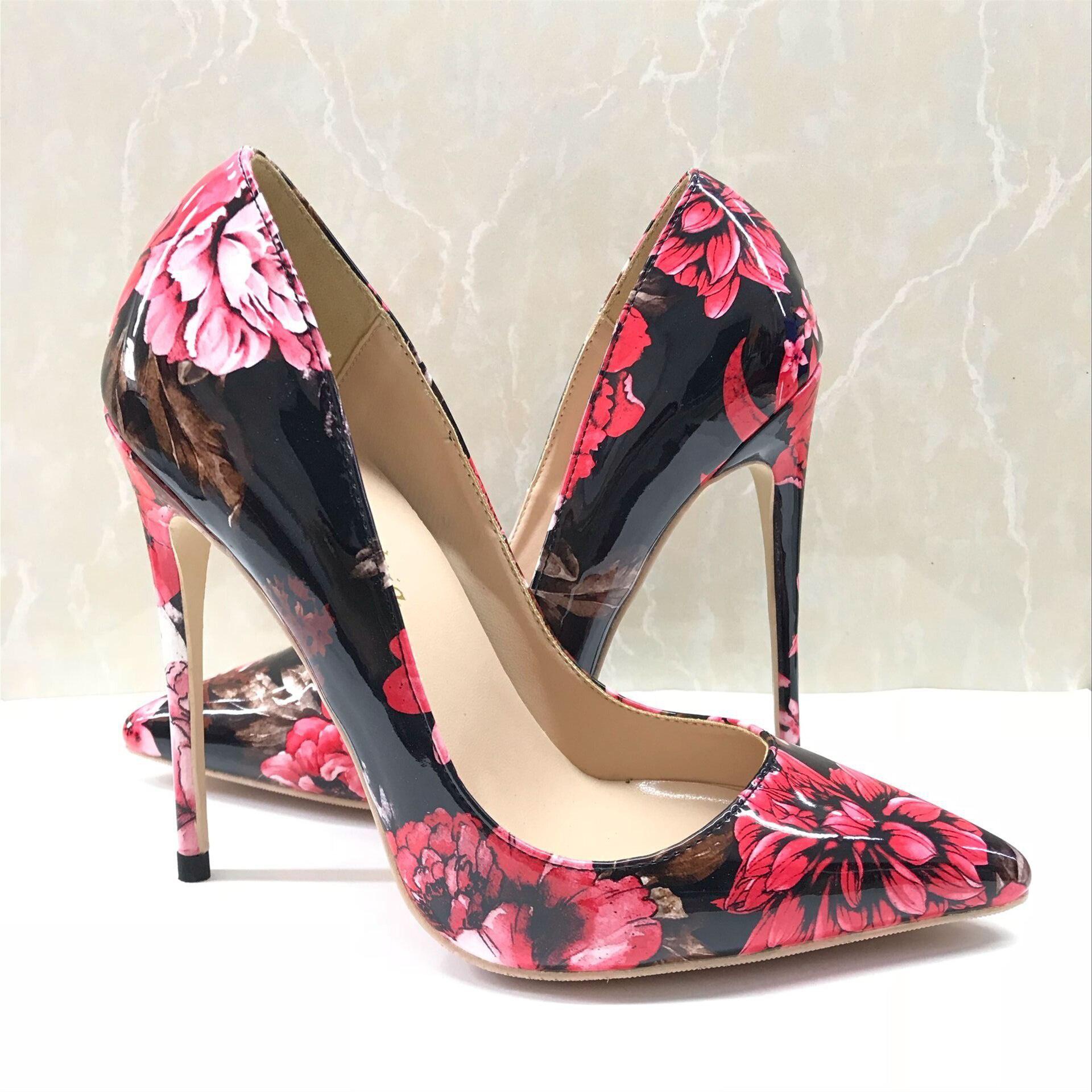GOOSHOE Red And Black Printed Pointed Shoes 12cm High Heel Shoes