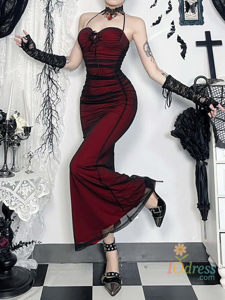 IO Dress AltGoth Gothic Dark Red Dress Women Vintage Aesthetic Fairy Grunge Elegant Sexy Hollow Out Sleeveless Halter High Waist Dresses