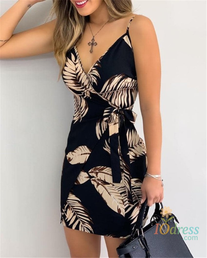 IO Dress Women's Sexy V-Neck Spaghetti Strap Bodycon Dress, Slim Fit Party Dress with Waist Belt, Summer Cocktail Dress
