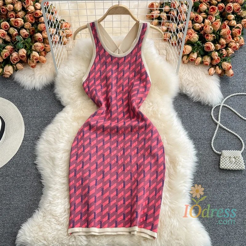 IO Dress Knitted Bodycon Dress Women Summer Sleeveless Geometric Pattern Criss Cross Backless Slim Tank Mini Dress Casual Streetwear