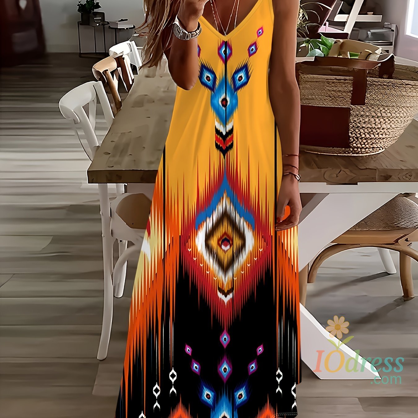 IO Dress Retro Fishing Net Print Beach Vacation Casual Suspender Dress Fashionable Casual Sleeveless Loose Suspender Ankle Length Dress