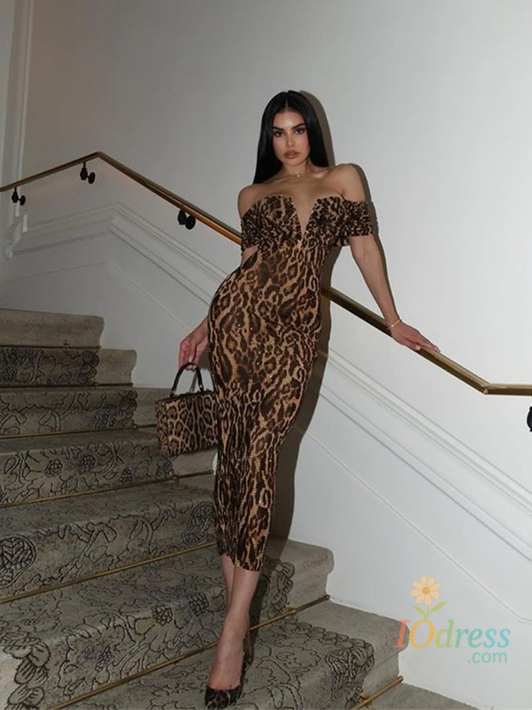 IO Dress Ahagaga Sexy Leopard Women's Party Dresses Sequins Slash Neck Sheath Bodycon Long Maxi Short Sleeves Elegant Slim Vestidos Robes