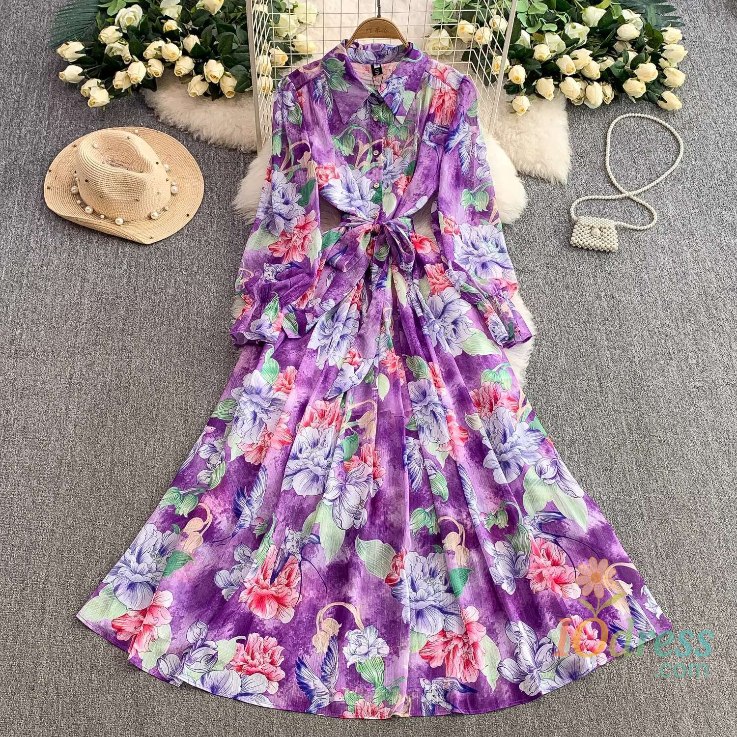 IO Dress French Style Summer Purple Print Floral Long Dress Shirt Women Autumn Muslims Faux Silk Full Sleeve Maxi Prom Evening Dresses
