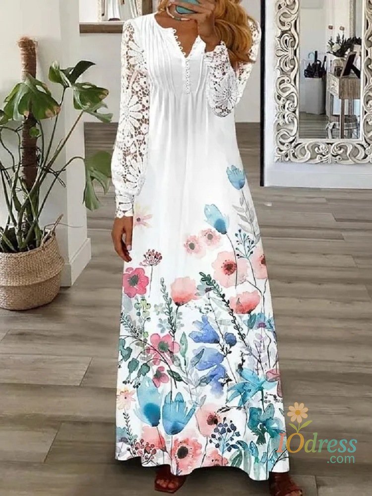 IO Dress Spring/Summer Fashion Women's Long Sleeve Printed Lace Dresses Elegant Woman White V-neck Slim Fit Party Long Maxi Vestidos 3XL