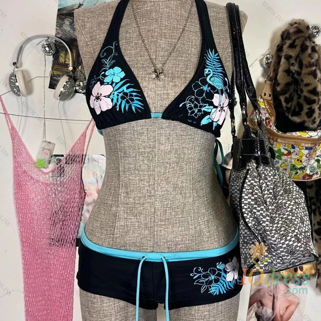 IO Dress 2025 New Chic Split Bathing Suit Y2k Vintage Flower Pattern Bikini Set Swimsuit Women Halter Triangle Lace Up Shorts Sexy Bikini