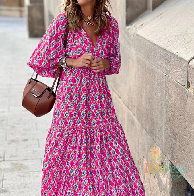 IO Dress Autumn Dresses For Women 2023 Print Casual Ruffles Loose Long Dress Vintage Elegant Office Beach Style V Neck Vestidos