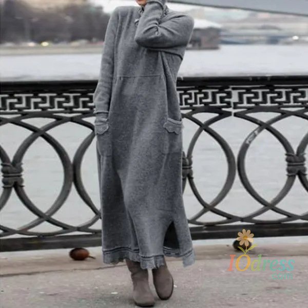 IO Dress Autumn Women's 2024 New Fashion Simple Retro Hooded Commuter Dress Winter Long Sleeve Pocket Solid Color Hooded Robe