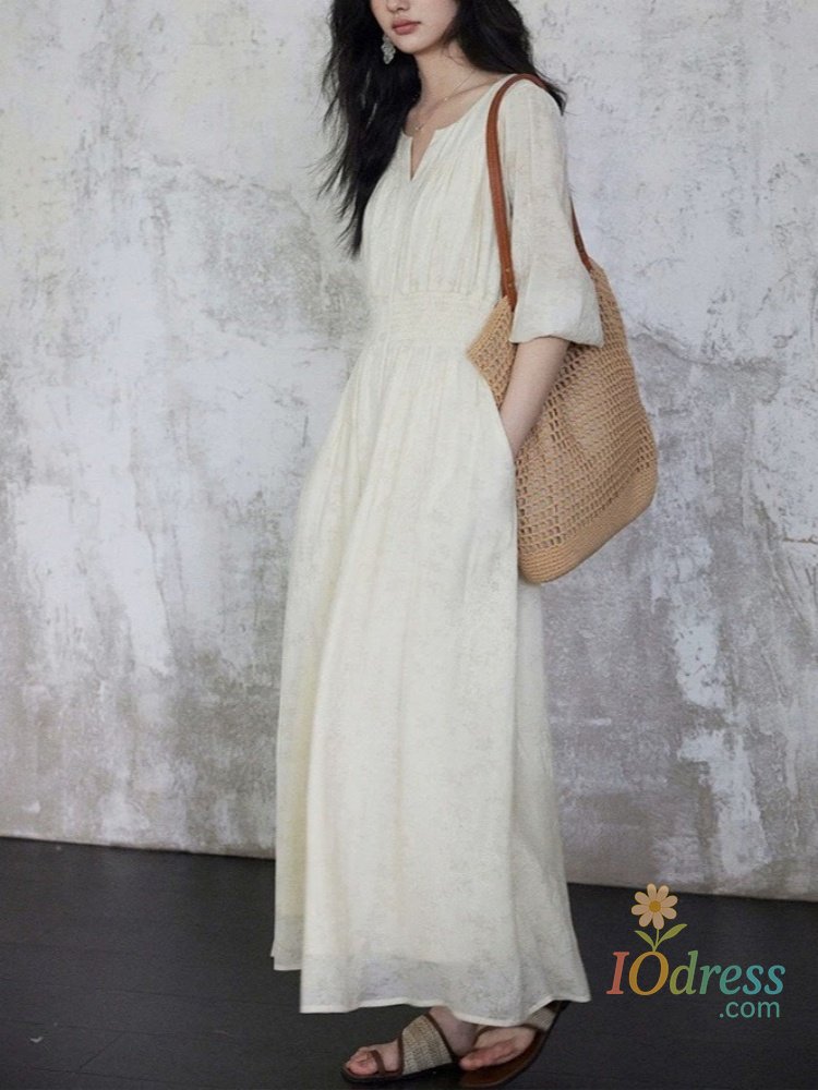 IO Dress Tencel Dress, Women's Summer Retro V-Neck Slim Waist Embroidered Dress,Temperament, Long Dress, Big Bottom Dress