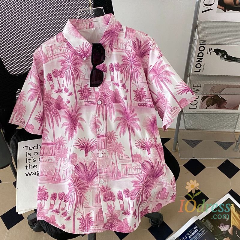 IO Menswear Vintage-inspired Floral Short-sleeve Shirt for Men and Women, Thai Retro Hong Kong Style Hawaiian Artistic Loose Couple Shirt