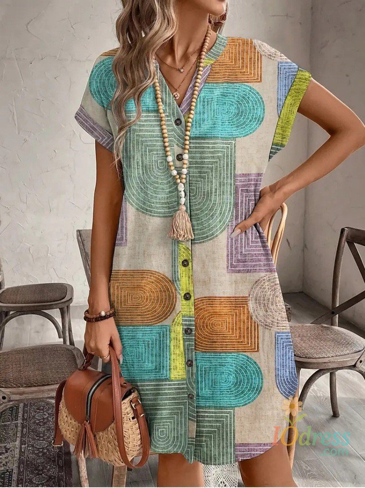 IO Dress 2025 European and American women's clothing foreign trade Amazon summer geometric printing elegant V-neck button up dress