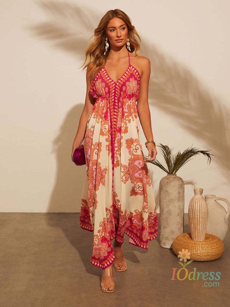 IO Dress Women's Summer V-neck Halter Bohemian Floral Long Dress,Women Clothing,Red Dress,Sexy Dress Women,Sundress,Beach Dresses