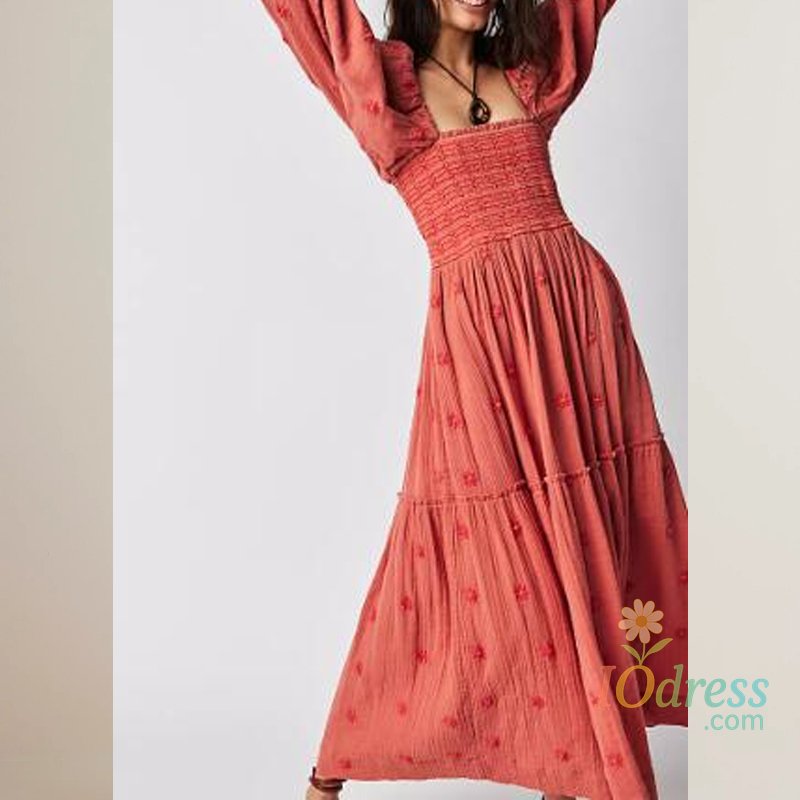 IO Dress Bohemian Floral Dress Women Square Neck Ruffle Swing A Line Maxi Dress Long Sleeve Beach Style Holiday Lady Club Party Dress