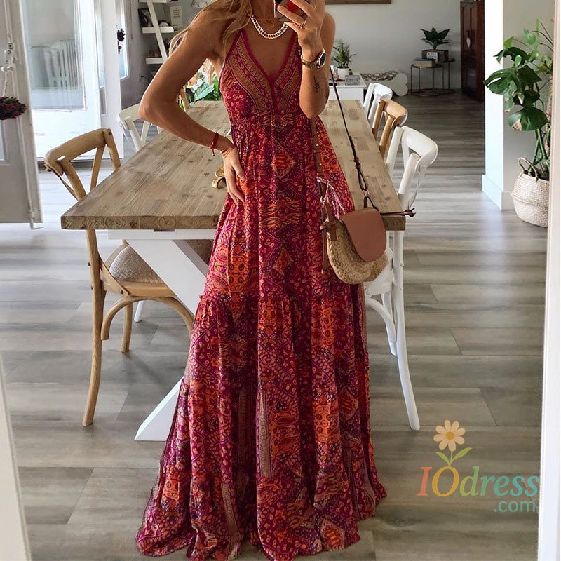 IO Dress Summer New Women's Fashion Bohemian Style Sexy V-neck Sleeveless Strap High Waist Printed Floral Long Dress