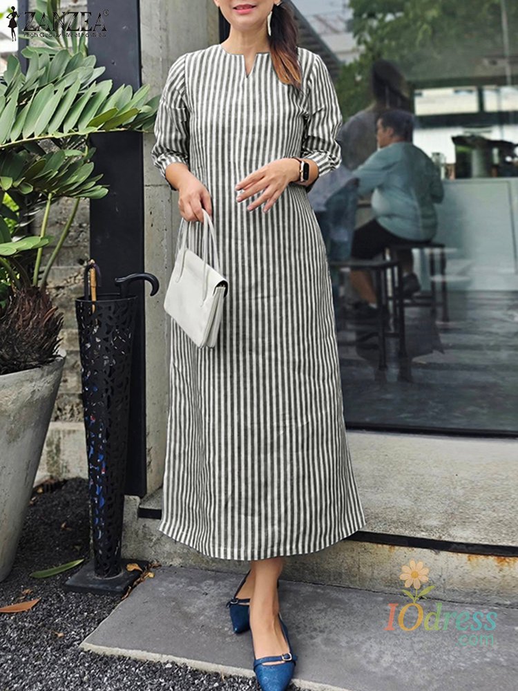 IO Dress 2025 Autumn Striped Dresses ZANZEA Fashion Women V Neck Long Sleeve Work Dress Elegant Office OL Sundress Maxi Long Vestido Robe