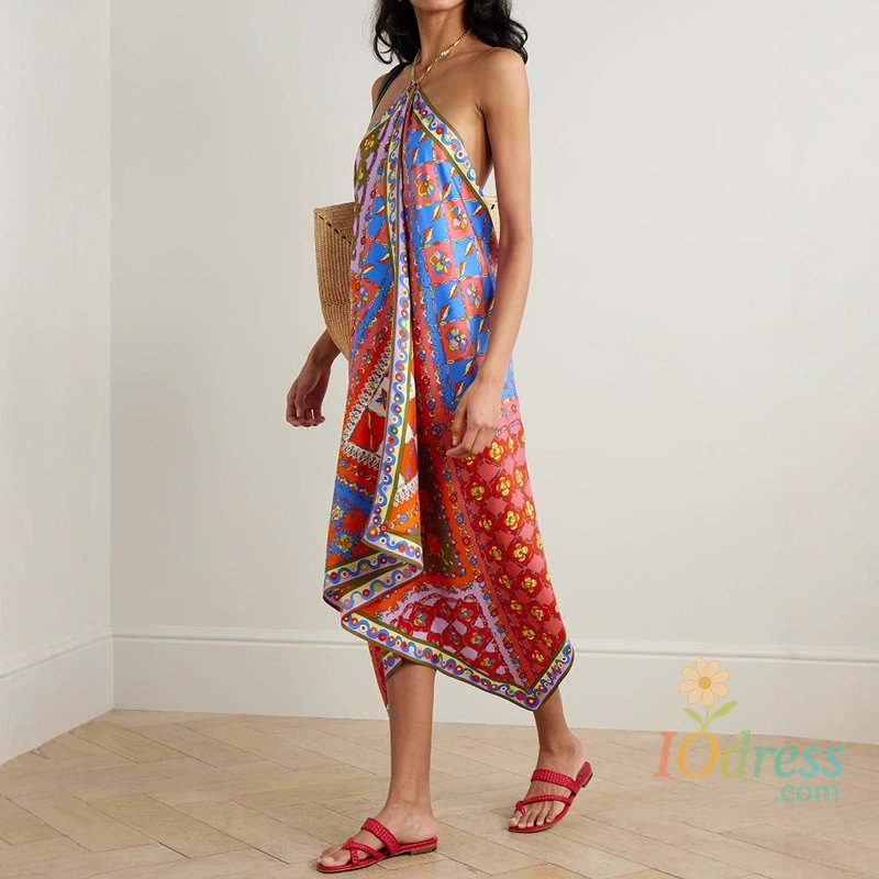 IO Dress New Summer Loose Satin Woman Party Dress Ethnic Retro Print Irregular Long Dresses Spring Sexy Halter Backless Hollow Boho Dress