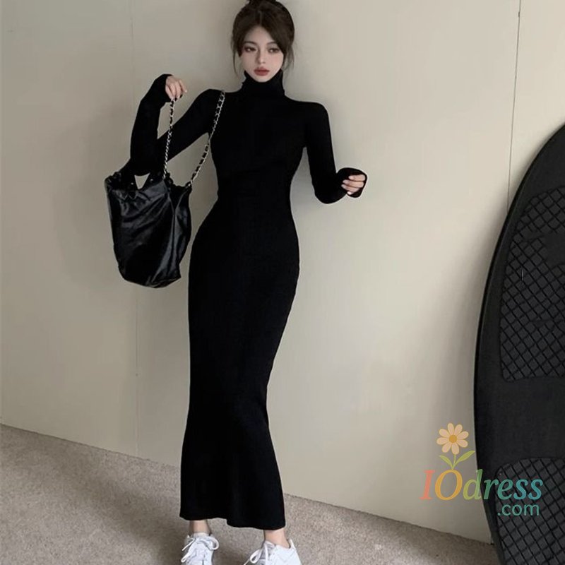 IO Dress Sexy Black Turtleneck Knitted Bodycon Dress Women Autumn Winter Long Sleeve Sweater Dress Woman Korean Bottoming Long Dresses
