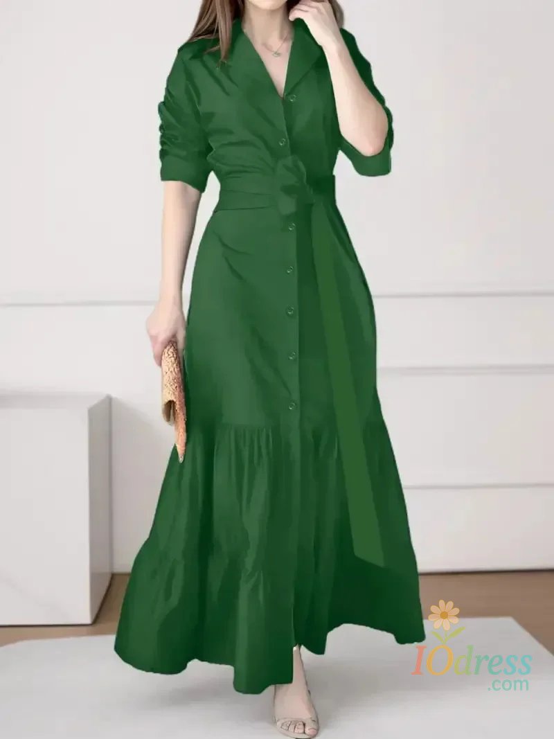 IO Dress Elegant Women's Dress 2025 Summer Fashion Temperament Solid Long-sleeved Shirt Dress Boho Style Waist Lace-up Maxi Dresses Femme