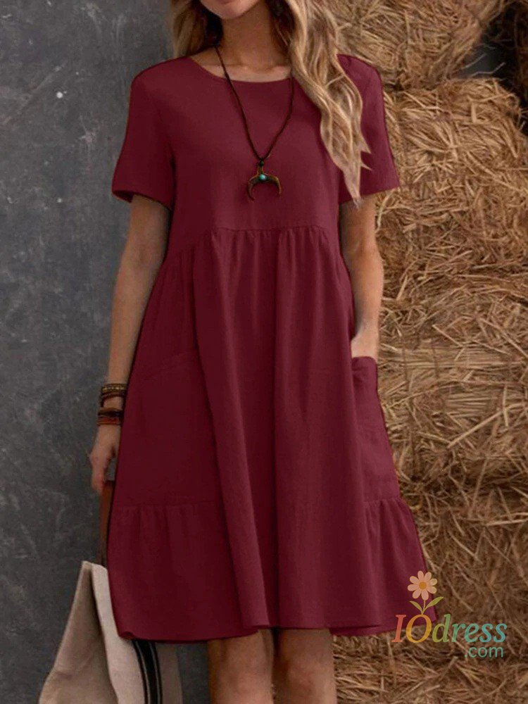 IO DressCasual Loose Solid Color Short Dresses For Women 2024 Summer Simple A-Line Pocket Midi Dress Elegant Vintage Female Dresses