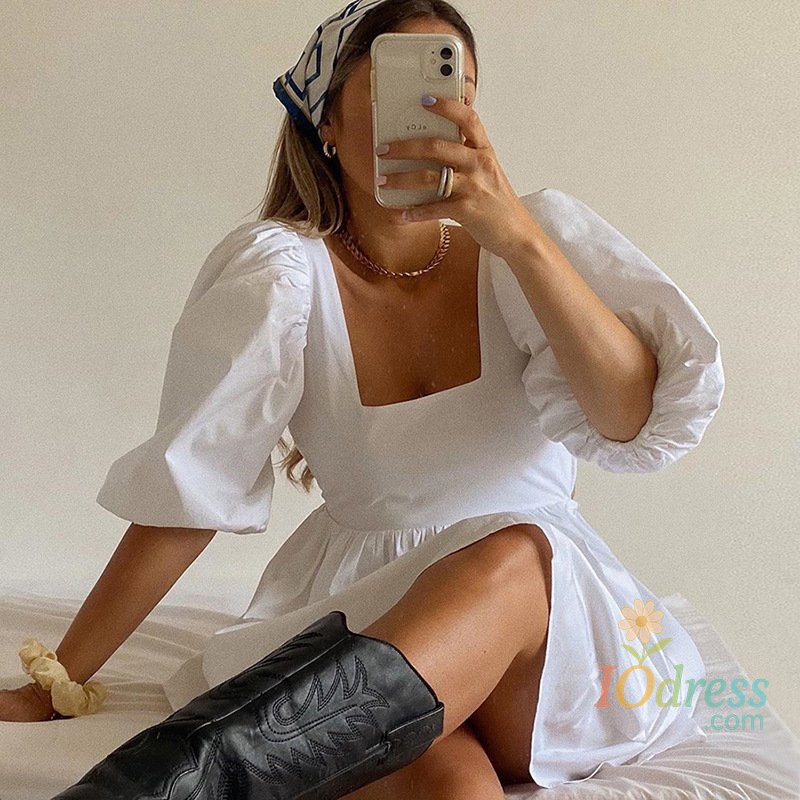 IO Dress Sexy Backless Lace Up Mini Dresses Boho White Puff Sleeve Sweet Dress Chic Women Elegant Lady for Wedding Party Summer Clothes