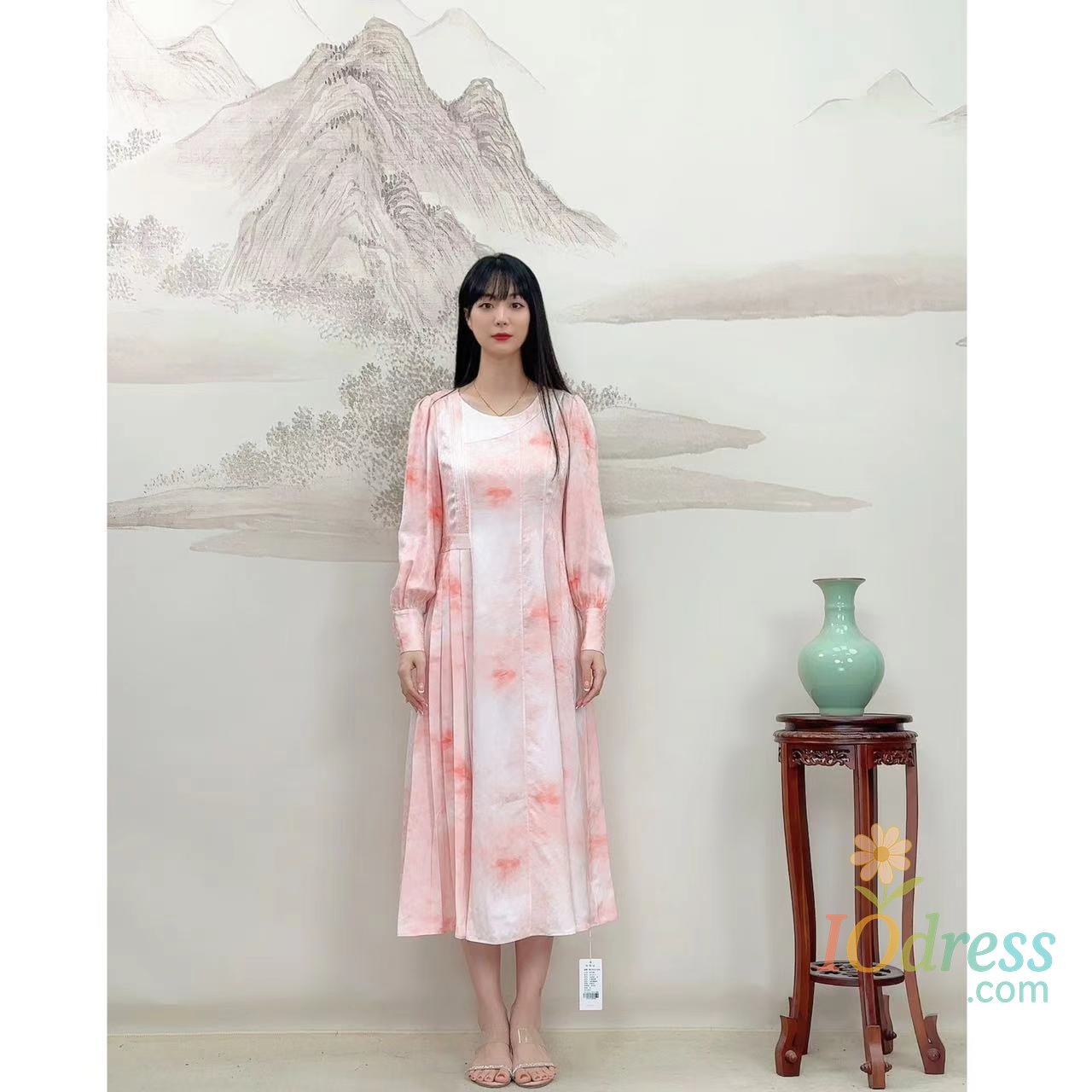 IO Dress VOA Turquoise Blue 22 Momme Jacquard Patterned Mulberry Silk Round-neck Pure Silk Dress