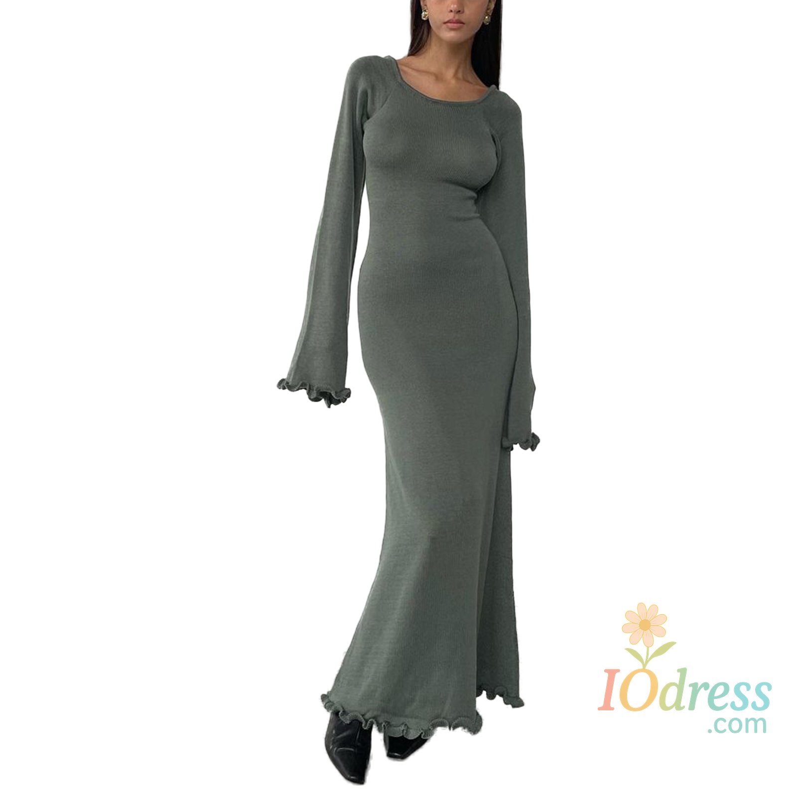 IO Dress Women's Autumn Winter Knitted Bodycon Dress Long Sleeve Tie Backless Round Neck Solid Color Ruffle Trim Long Dress Beachwear