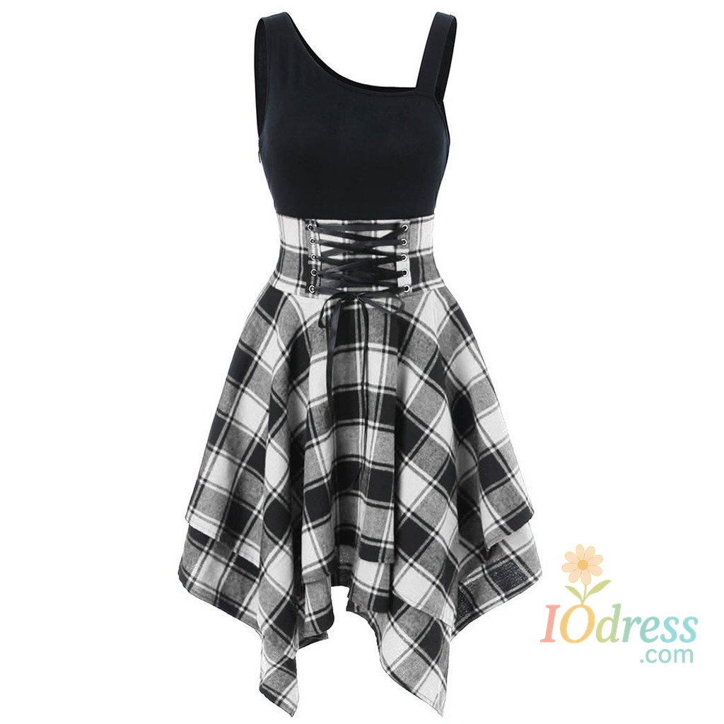 IO Dress Fashion Women Sleeveless Cold Shoulder Cross Plaid Print Irregular Dress Vestidos En Oferta LiquidacióN EnvíO Gratis Ropa Para