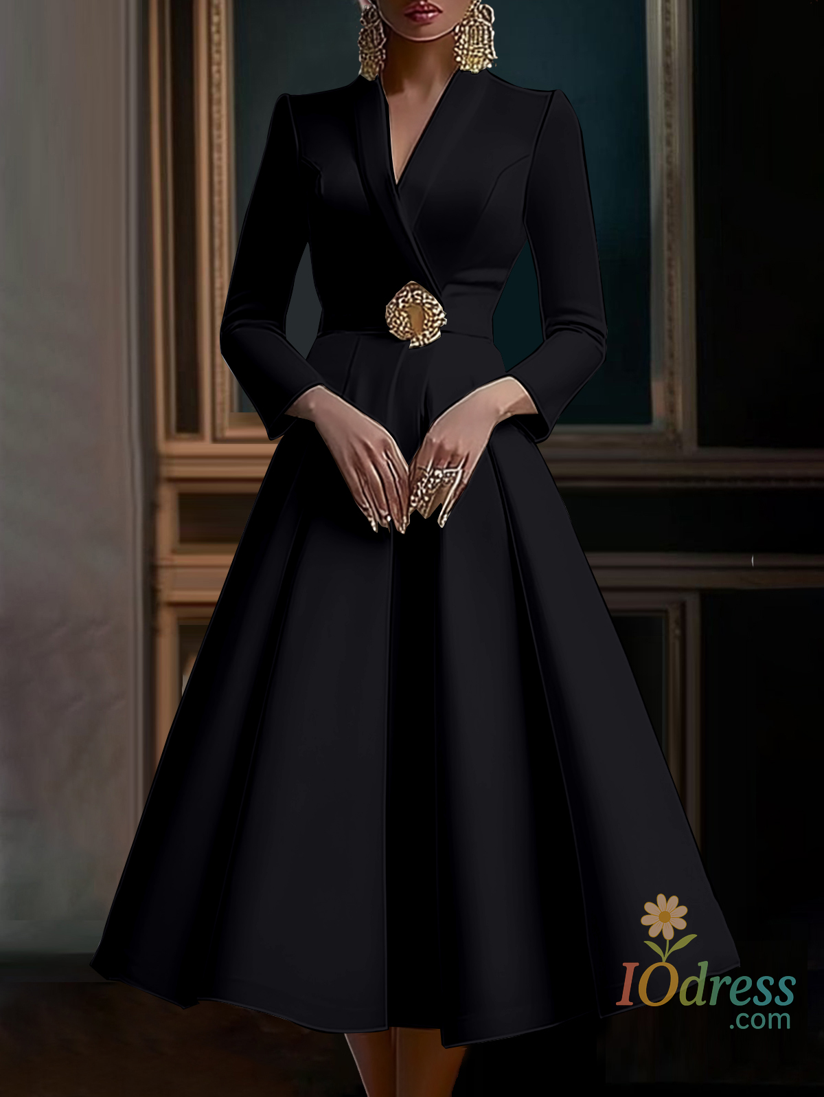 IO Dress Elegant Women's Dress Wrap V Neck Long Sleeve Pleated Midi Dress Waisted Evening Party Dress Women's Long Dress Vestidos