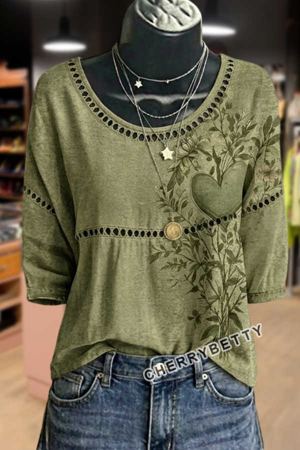 Vintage Heart Print Hollow Out Top