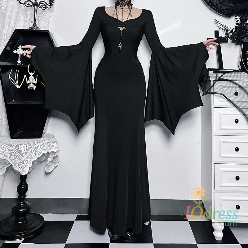 IO Dress Y2K Goth Floral Lace Mesh Flared Sleeve Bodycon Party Dresses Sexy Vintage Elegant Black Velvet V-Neck Long Dress Partywear