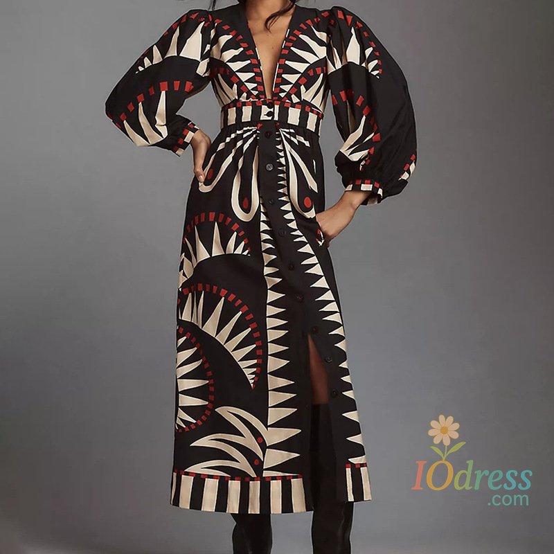 IO Dress 2025 Spring Autumn Retro Women's Robe Black V-neck Lantern Sleeve Fashion Single-breasted Printed Waist A-line Dress Bohemian