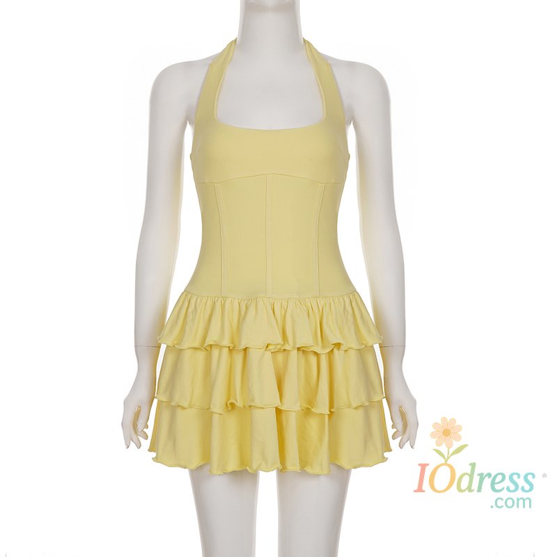 IO Dress Tornova Vacation Halter Mini Dress For Women Solid High Waist Puffy Dress Ruffled Splice Fashion Sexy Slim Dress 2025 Summer New