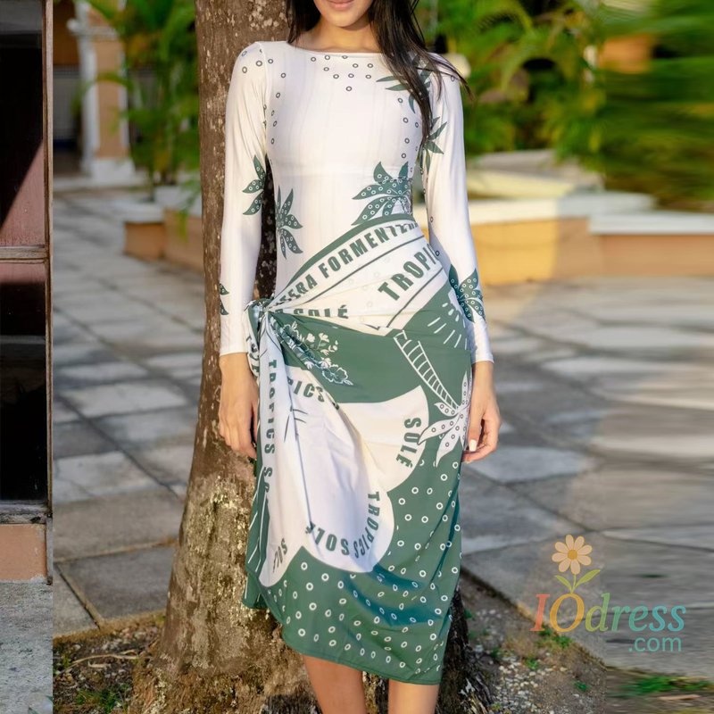 IO Dress 2025 New Pattern Printed Bathing Bikini Dresses Casual O Neck Long Sleeved Slim Fit Beachwear Summer Bohemian Lace Up Swimsuit