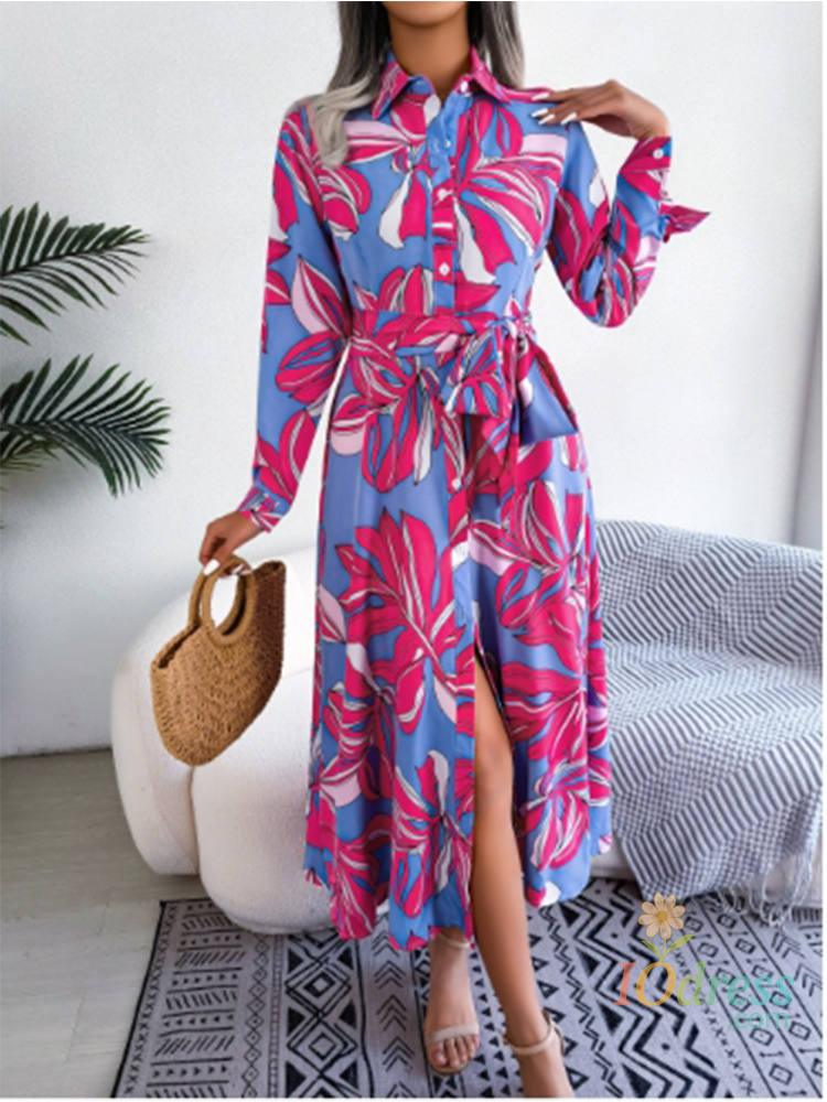 IO Dress Flip Collar Tied Long Sleeve Shirts Dresses Women's Color Blocked Printed Dress Elegant Office Dating Autumn Dress