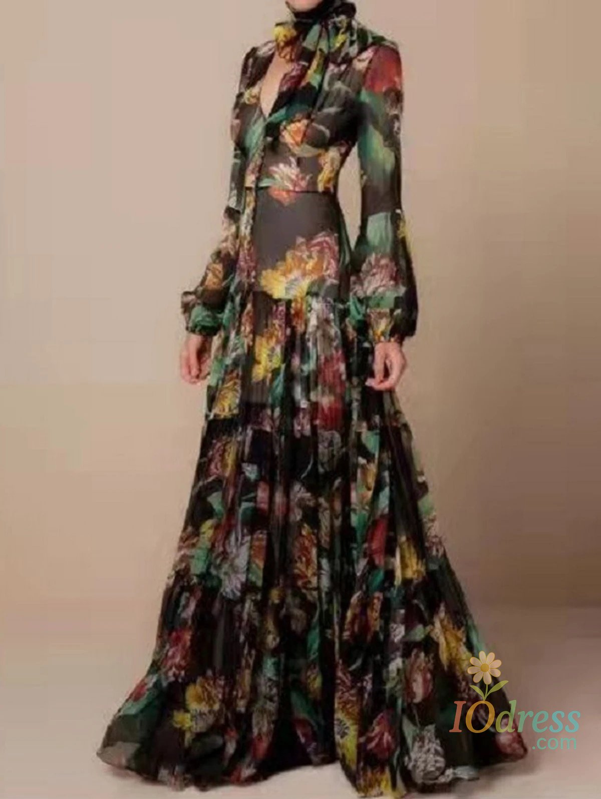 IO Dress Vestidos Ladies Elegant Floral Print Lantern Long Sleeve Casual Chiffon Dress V-Neck Large Swing Dress New Spring Autumn Dresses