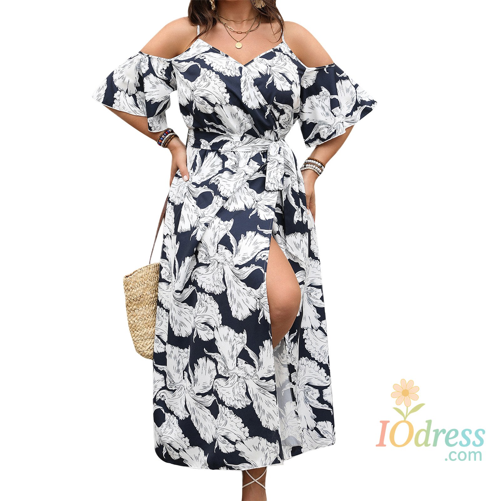 IO Dress Women Plus Size Floral Print Maxi Dress with Ruffle Sleeves and V Neckline Elegant Belted Long Dress with High Side Split