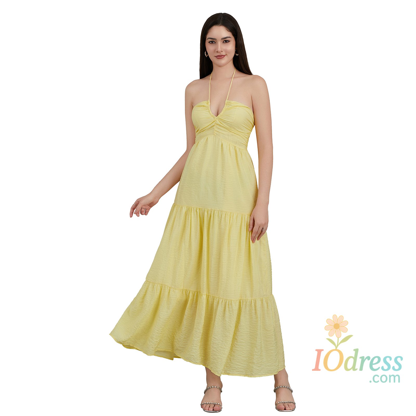 IO Dress Women A-line Long Dress Solid Color Tie-Up Halter Neck Sleeveless Backless Dress Summer Casual Beach Party Club Dress