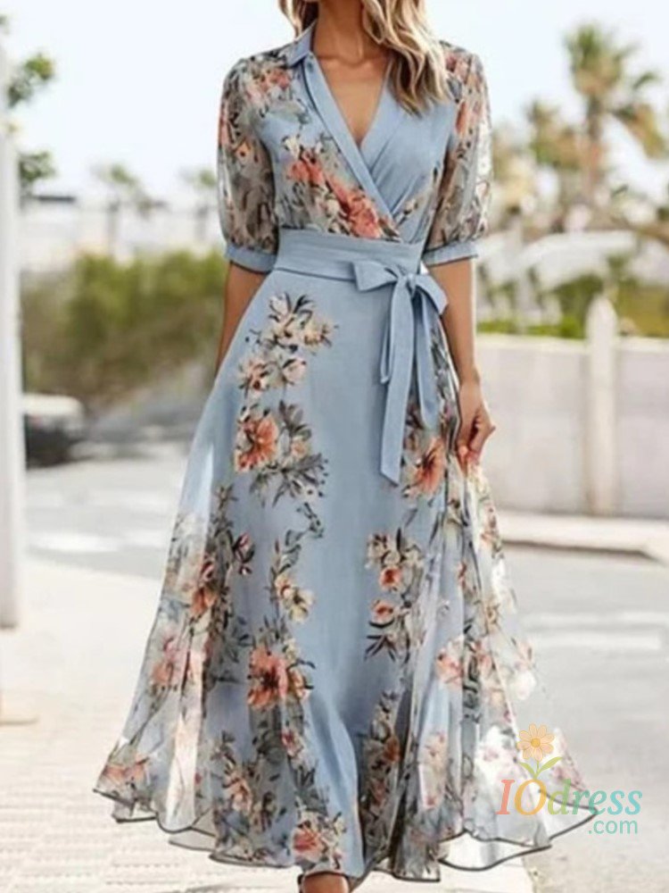 IO Dress Elegant Print Dress Women Fashion Short Sleeve V Neck High Waist Lace-Up Loose Dresses Robe Femme Casual Office Holiday Clothes