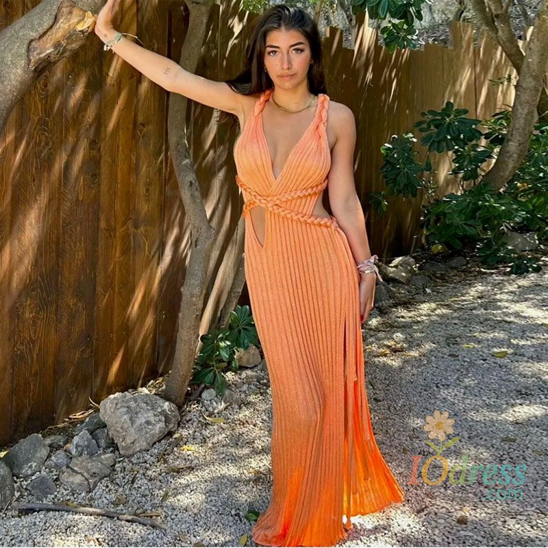 IO Dress Knitted Halter Over Long Dresses Camisole V-Neck Hollow Out Strap Waist Cinching Slimming Split Beach Long Dresses Crochet Robes
