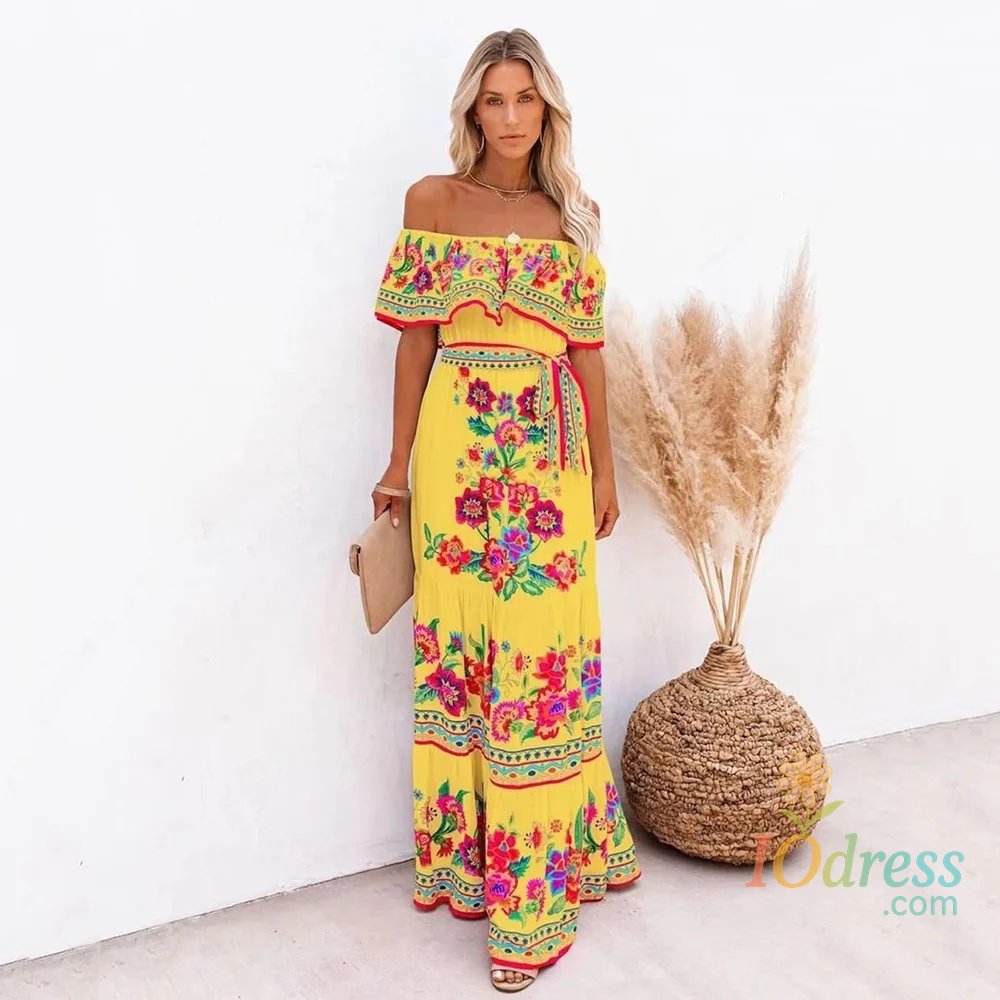 IO Dress 2024 New Independent Stand Amazon Off-Shoulder Red Flower Printing Long Dress Large Sweep Dress European Spring Summer Fashion