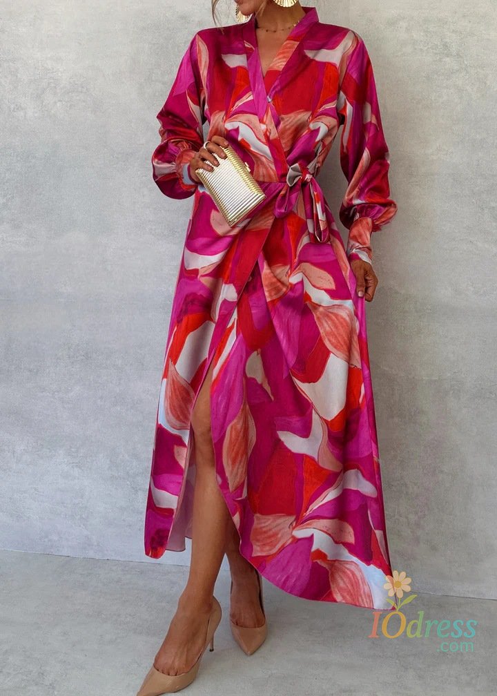 IO Dress 2024 Autumn New Print Dresses Women Long Sleeve V-neck Leace-up Slit Dress Fashion Temperament Elegant Lady Commuting Vestidos