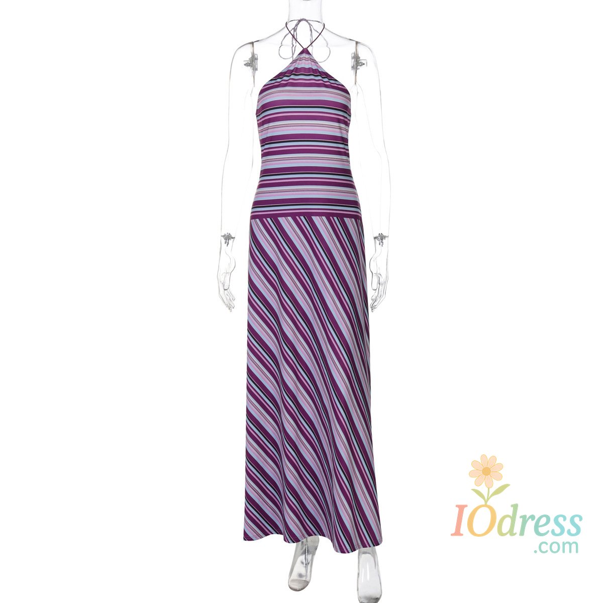 IO Dress Mozision Striped Halter Print Sexy Maxi Dress For Women Off-shoulder Sleeveless Backless Lace-up Patchwork Fashion Holiday Dress