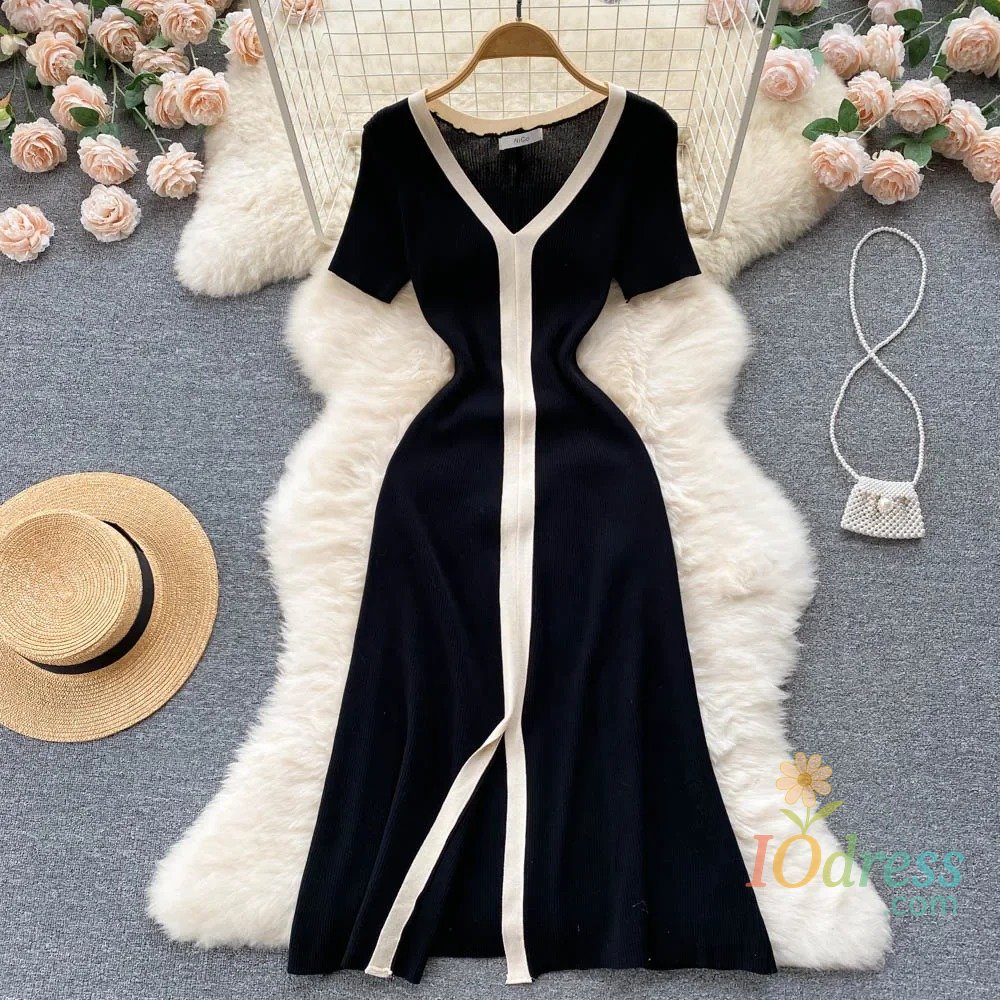 IO Dress Vintage Elegant Short Sleeve Stretch Knit Slim Dress French Fashion Casual Vestidos A-line Basic Autumn Winter Sweater Dresses
