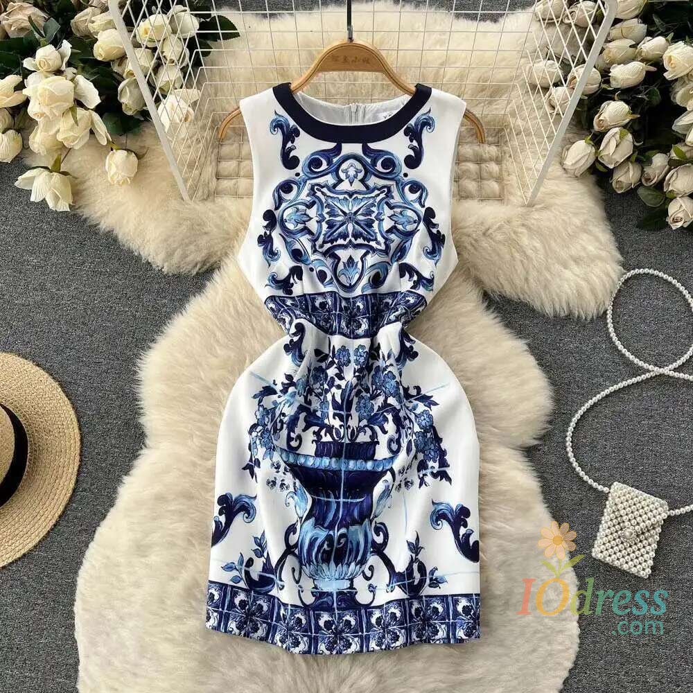 IO Dress Women Dress Runway Summer Clothes Midi Dress Spaghetti Strap Blue White Porcelain Elastic Bust A-line Vintage Long Dresses